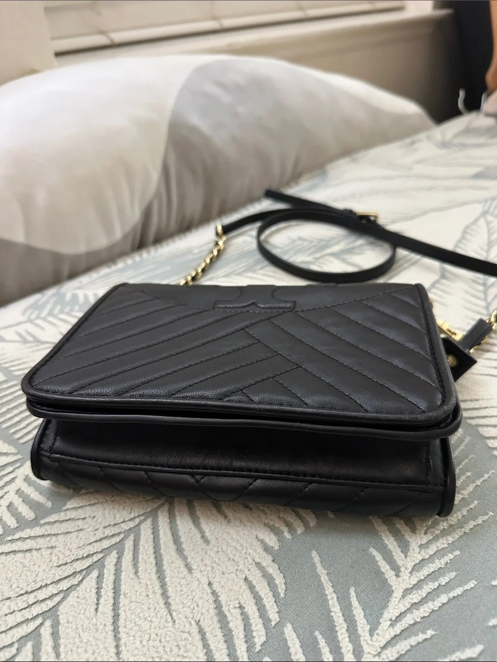 Tory Burch Black Quilted Chevron Leather Crossbody with Gold Chain Strap